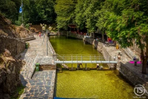 Praia fluvial de Nossa Senhora da Piedade, na Lousã, com ponte pedonal sobre o rio e águas límpidas rodeadas por árvores e zonas de lazer.