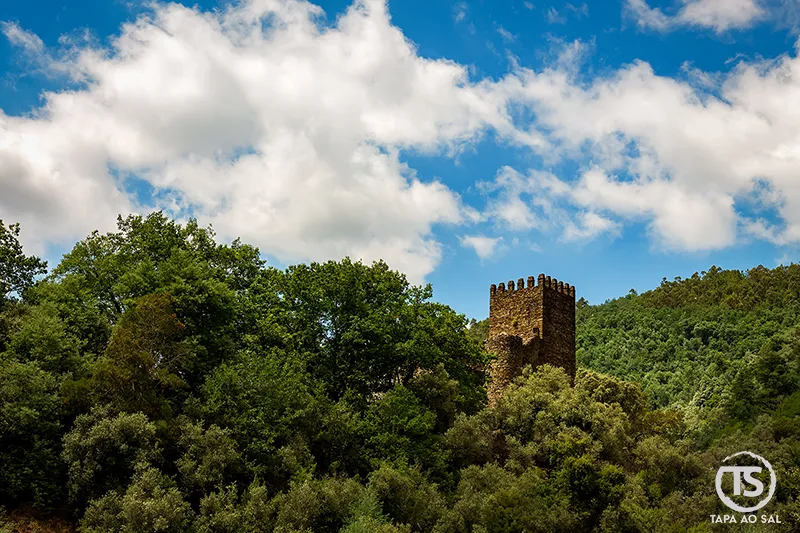Torre do Castelo da Lousã entre árvores na encosta da Serra da Lousã