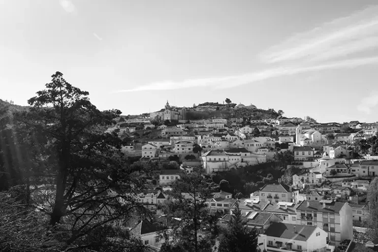 Vista em preto e branco do casario de Alenquer a partir da encosta oposta.