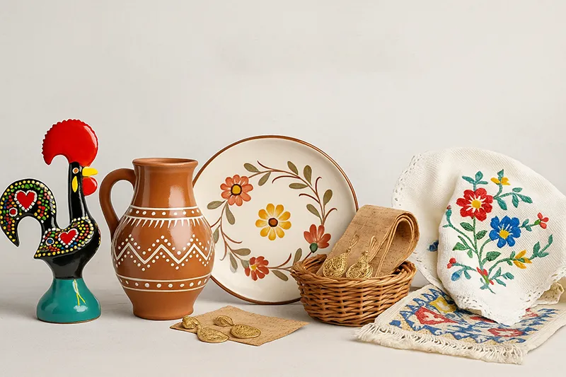 Peças de artesanato português: galo de Barcelos, cerâmica pintada, bordado tradicional, cortiça e filigrana.