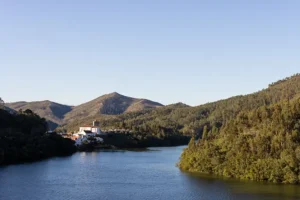 Vista panorâmica de Dornes ao longe, rodeada pelo Rio Zêzere, com a Torre Pentagonal em destaque e a vila envolta por vegetação verdejante.