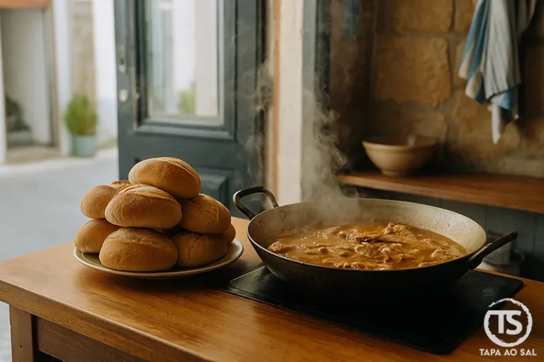Pão fresco e bifanas a cozinhar lentamente em tasca portuguesa.