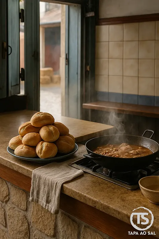 Bifana portuguesa a cozinhar em frigideira de ferro com pão fresco empilhado numa tasca tradicional alentejana.