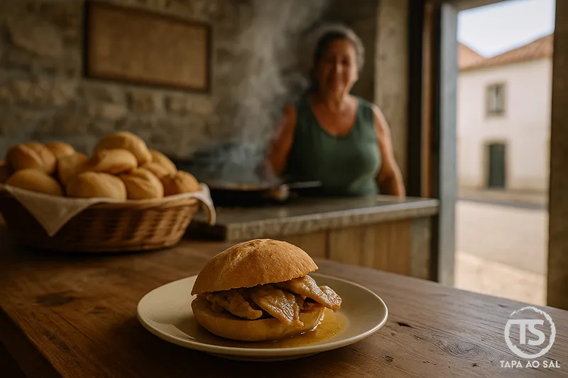 Bifana portuguesa servida num prato com pão fresco e molho, em tasca tradicional alentejana.