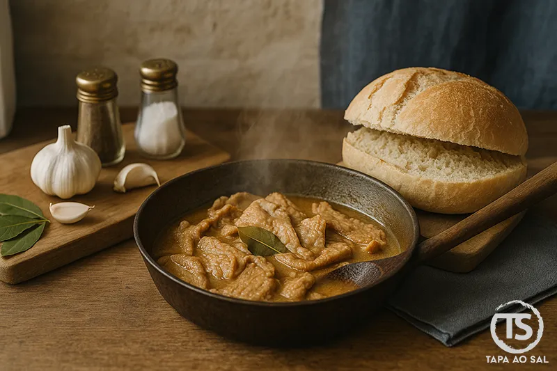 Carne de porco a marinar para bifana portuguesa, acompanhada de pão e temperos tradicionais.