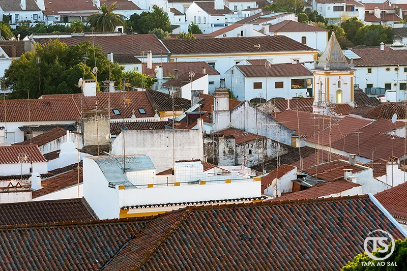 Telhados tradicionais de Vila Viçosa com detalhe de igreja ao fundo