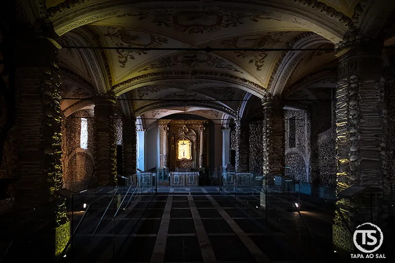 Interior of the Chapel of Bones in Évora with walls covered in human bones