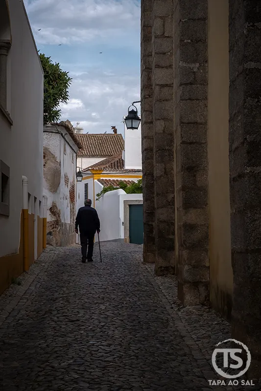 Narrow cobblestone street in Évora with traditional houses in the historic centre