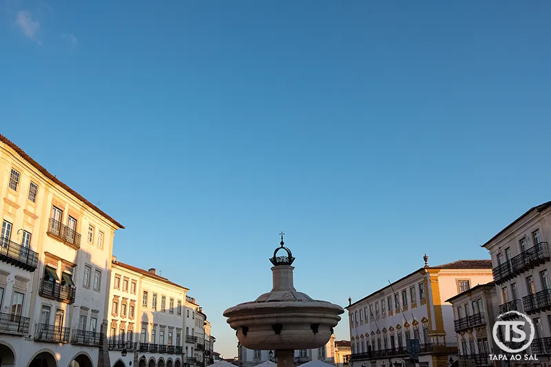 Renaissance fountain in Praça do Giraldo in Évora surrounded by historic buildings