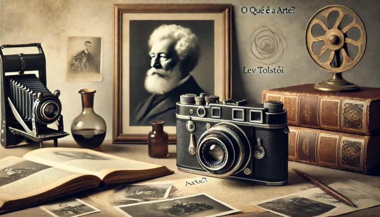 Imagem de capa para o artigo 'O Que é a Arte? A Filosofia de Tolstói Aplicada à Fotografia', com uma câmara vintage sobre uma mesa de madeira, acompanhada por fotografias antigas e um livro aberto, ao fundo, uma silhueta de Tolstói em tons suaves.
