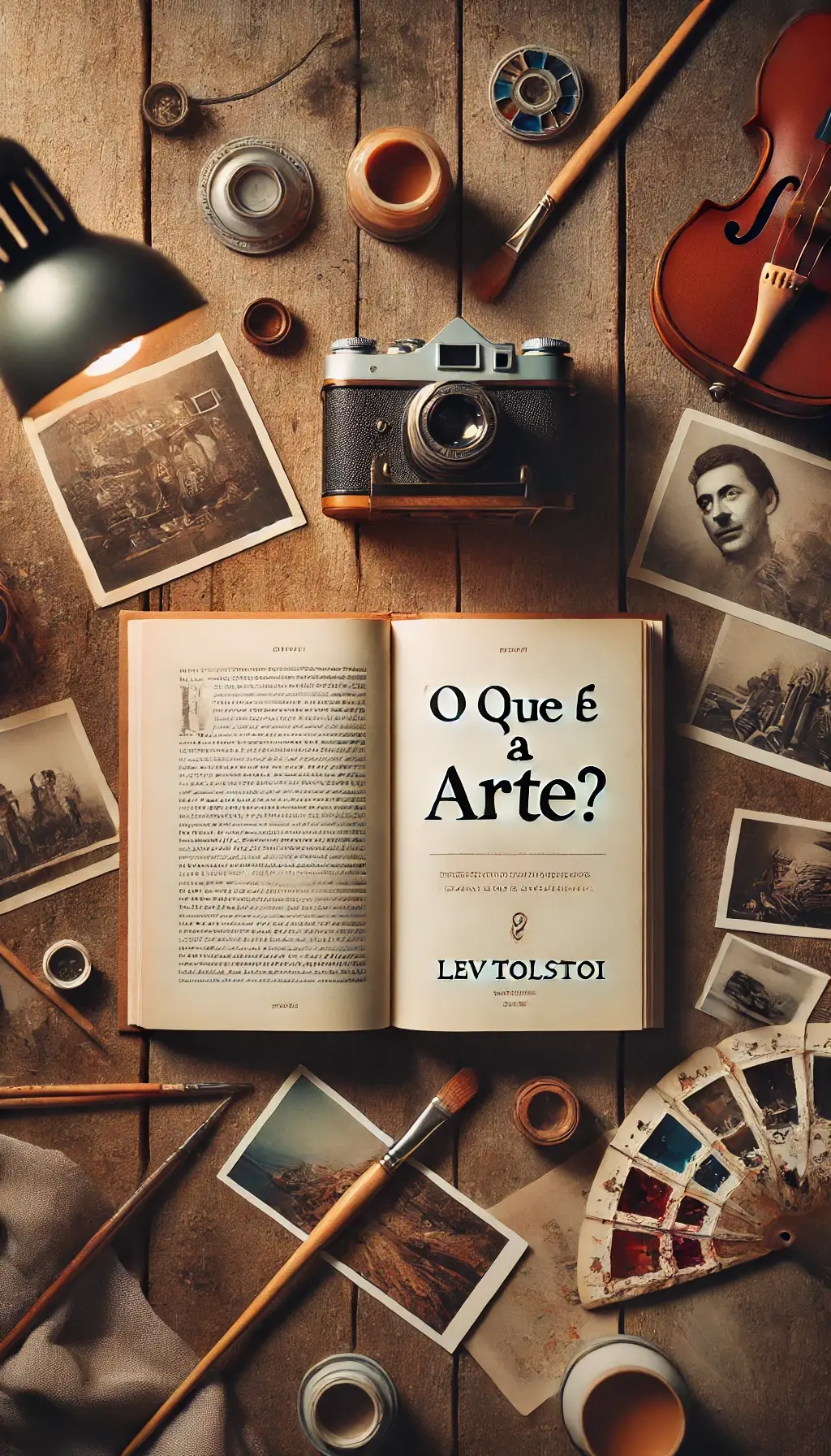 Imagem vertical de um livro aberto intitulado 'O Que é a Arte?' de Lev Tolstói, colocado sobre uma mesa de madeira, rodeado por uma câmara vintage, pincéis e fotografias antigas, simbolizando a conexão entre diferentes formas de arte.