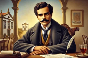 Retrato ilustrado de Eça de Queirós em ambiente clássico português