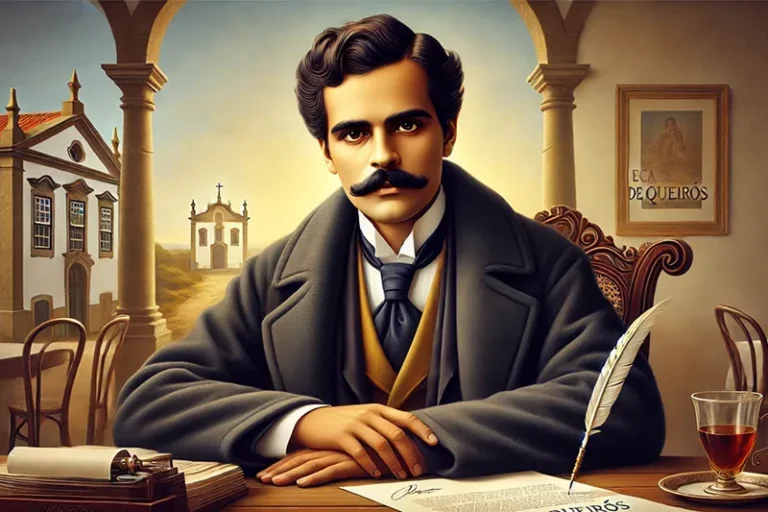 Retrato ilustrado de Eça de Queirós em ambiente clássico português