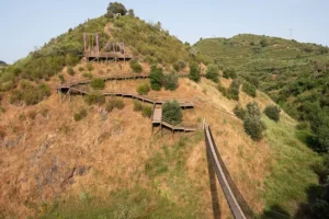 Trilho da Barca da Amieira passadiços de Nisa com ponte suspensa e estruturas em madeira na encosta