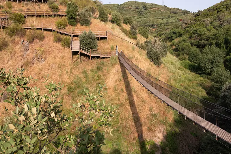 Ponte suspensa e passadiços em madeira no Trilho da Barca da Amieira, Nisa