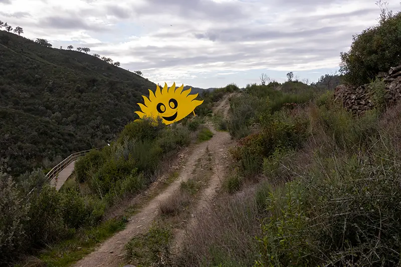 Trilho de terra batida e vegetação densa no percurso complementar do Trilho da Barca da Amieira