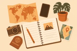 Ilustração de capa com mapa-mundo, caderno de notas, câmara fotográfica, passaporte e elementos associados a viagens.