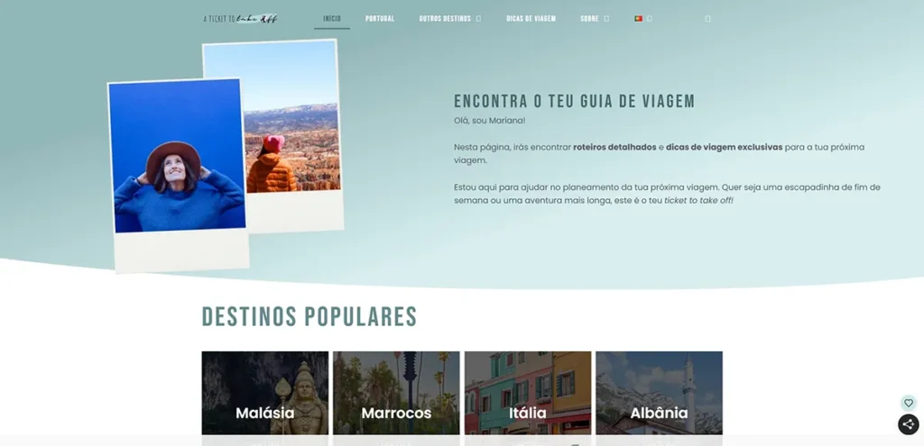 Captura de ecrã da homepage do blog A Ticket to Take Off, com destaque para a autora Mariana e sugestões de destinos populares como Malásia, Marrocos e Itália.