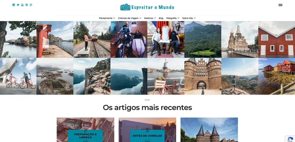 Captura de ecrã da homepage do blog Espreitar o Mundo, com grelha de fotografias de viagens e navegação por temas.