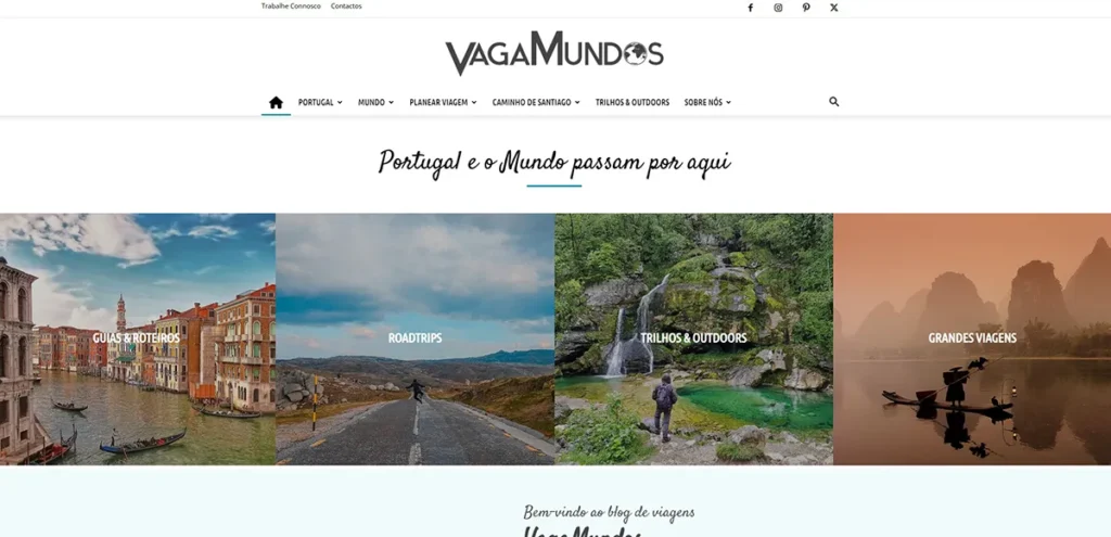 Captura de ecrã da página inicial do blog VagaMundos, com destaque para as categorias de guias, roadtrips, trilhos e grandes viagens.