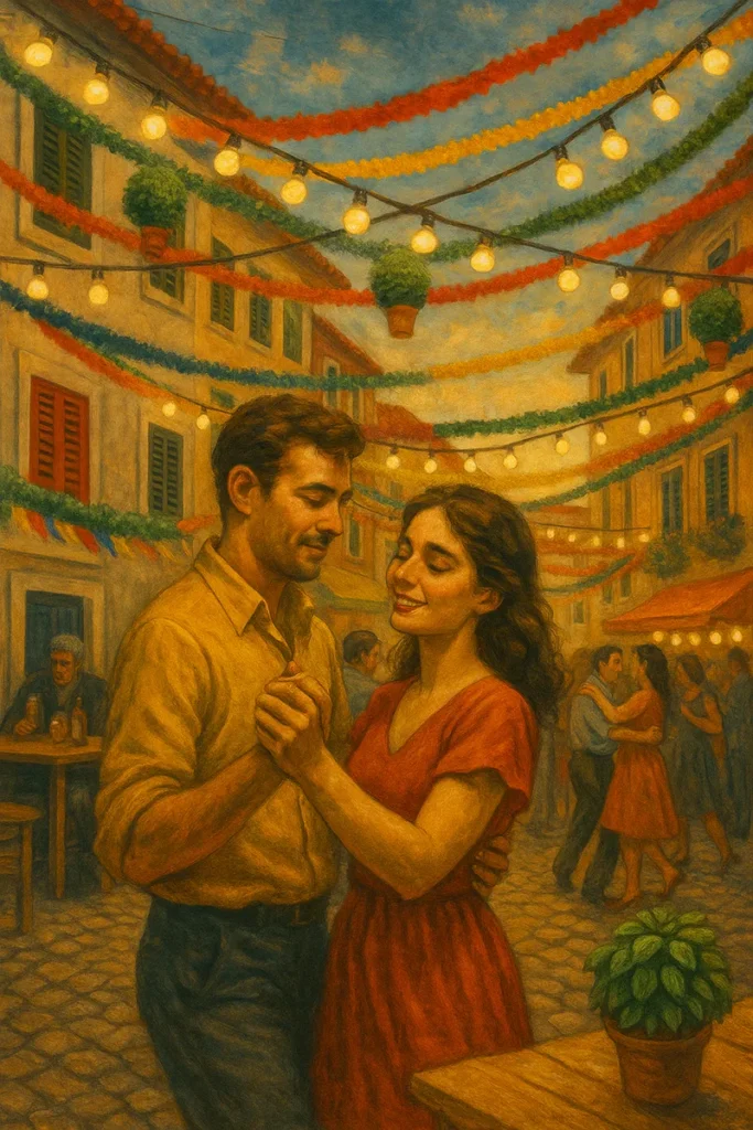 Casal a dançar num arraial tradicional dos Santos Populares em Lisboa, rodeado por luzes, bandeirolas e casas antigas numa noite de verão.