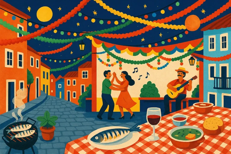 Ilustração colorida de um arraial típico durante os Santos Populares em Lisboa, com sardinhas, bandeirolas e pessoas a dançar numa rua decorada.