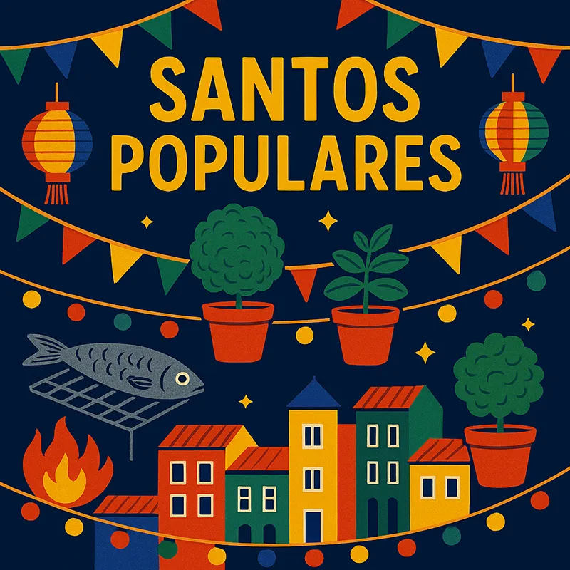 Cartaz ilustrado com ícones típicos dos Santos Populares em Lisboa: sardinhas, balões, fogo, bandeirolas e casario colorido.