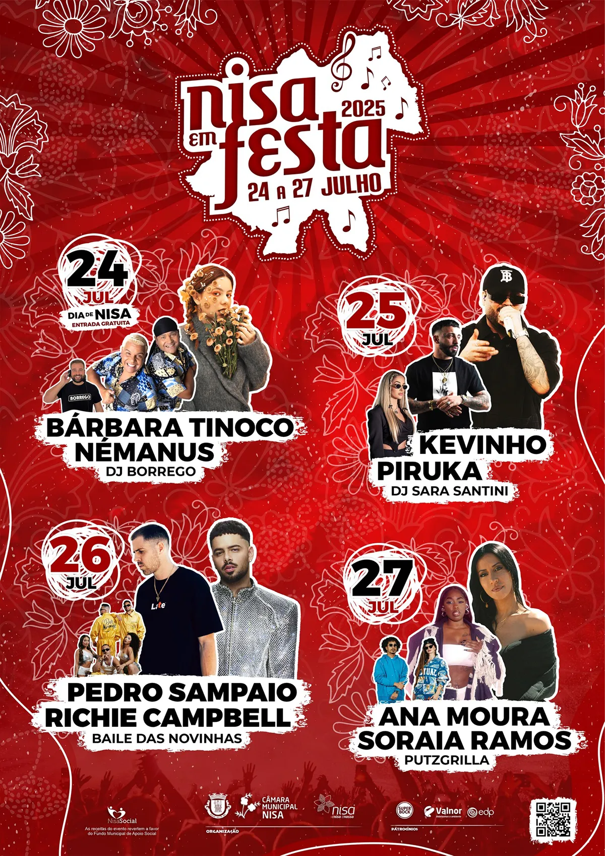 Cartaz do evento Nisa em Festa 2025, com destaque para os artistas Bárbara Tinoco, Nemanus, Kevinho, Piruka, Pedro Sampaio, Richie Campbell, Ana Moura e Soraia Ramos. De 24 a 27 de julho, em Nisa.