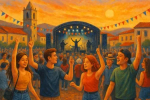 Ilustração colorida de jovens a dançar num concerto ao ar livre durante a Nisa em Festa, num largo com palco, luzes e bandeiras