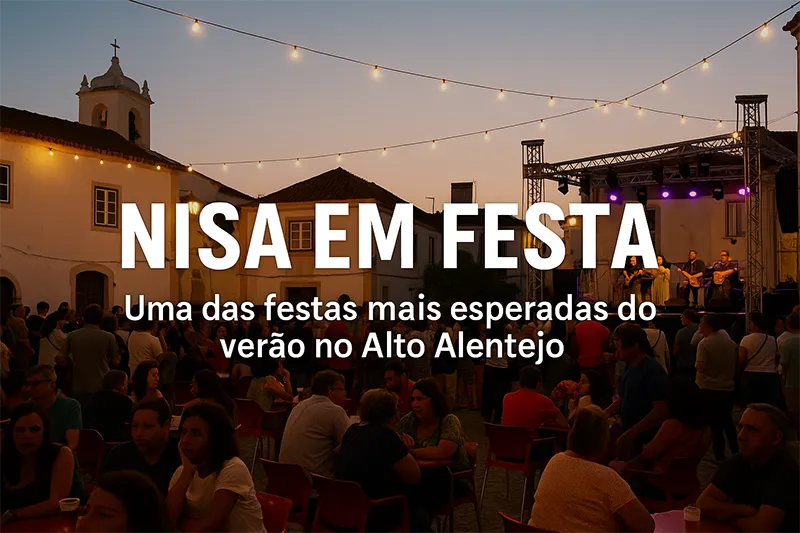 Ilustração artística de um concerto ao ar livre num largo iluminado durante a Nisa em Festa