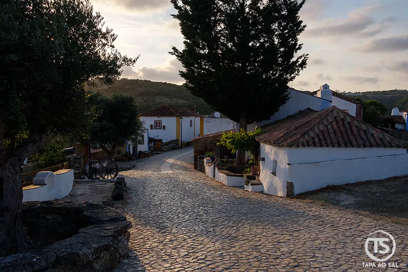 Rua empedrada com casas caiadas e árvores na Aldeia da Mata Pequena ao entardecer