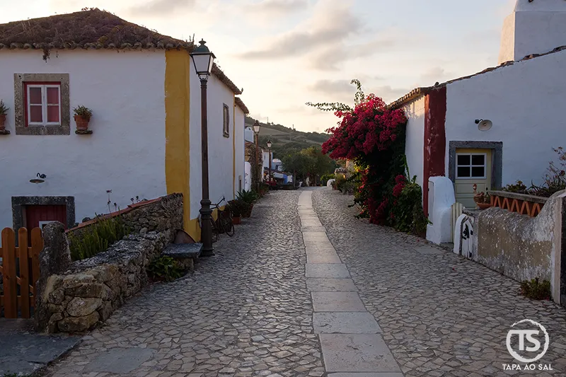 Rua empedrada com casas caiadas e buganvílias na Aldeia da Mata Pequena