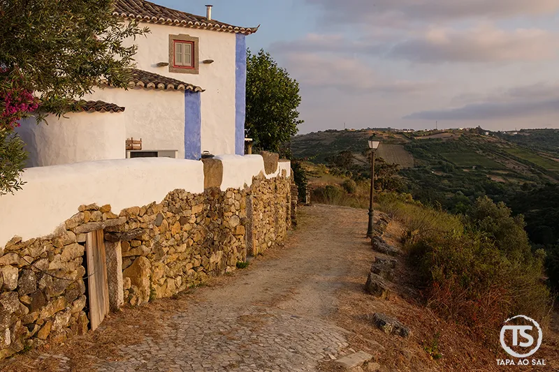 Casa tradicional da Aldeia da Mata Pequena com vista para os campos verdes ao entardecer.