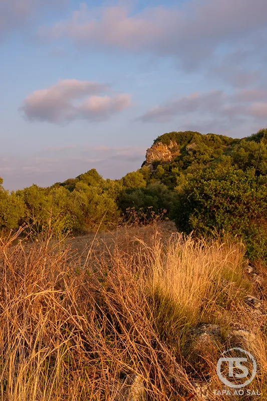 Colina rochosa e vegetação ao entardecer na Aldeia da Mata Pequena