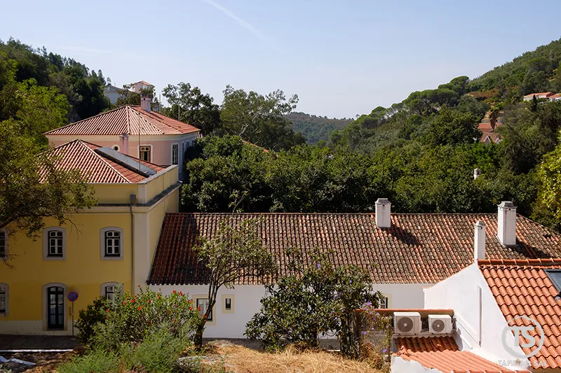 Vista das Caldas de Monchique com edifícios históricos entre árvores e serra algarvia