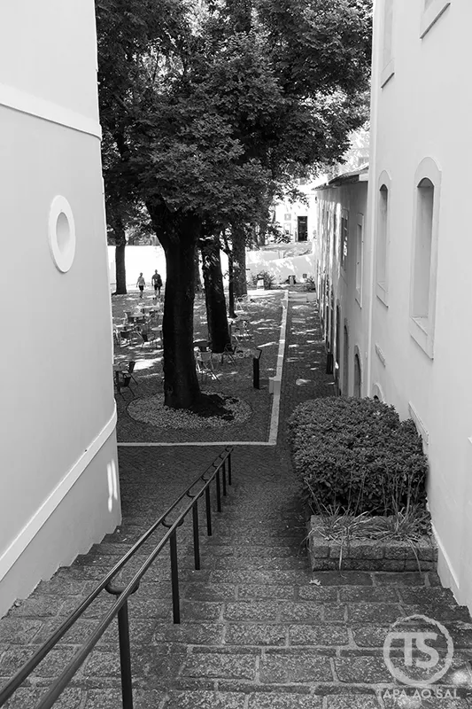 Escadaria entre edifícios históricos nas Caldas de Monchique conduzindo a um pátio arborizado