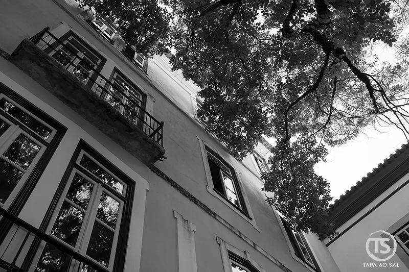 Fachada antiga com janelas e varandas nas Caldas de Monchique em perspetiva ascendente
