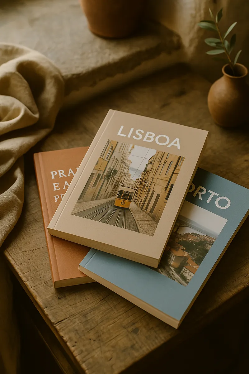 Guias de viagem Portugal com destaque para Lisboa e Porto sobre mesa rústica