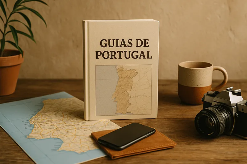 Guias de viagem Portugal sobre mesa rústica com mapa, câmara fotográfica, caneca e detalhes de viagem