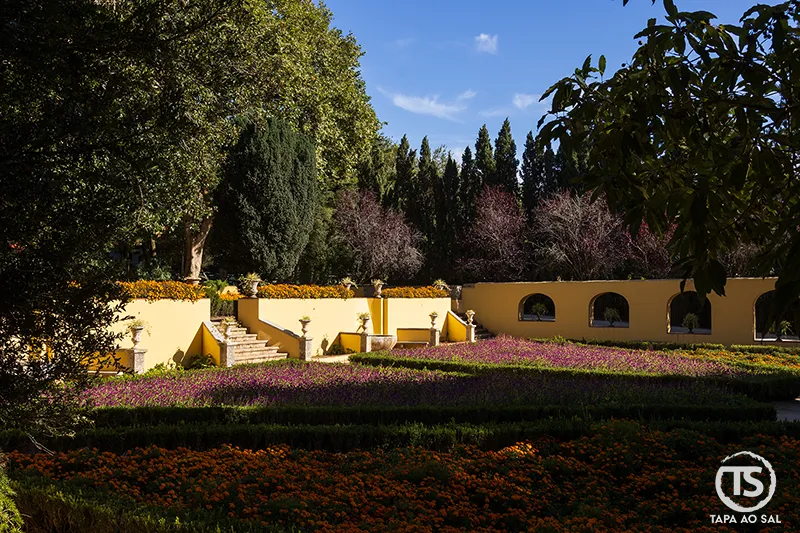 Canteros floridos e escadaria barroca no Jardim do Cerco Mafra
