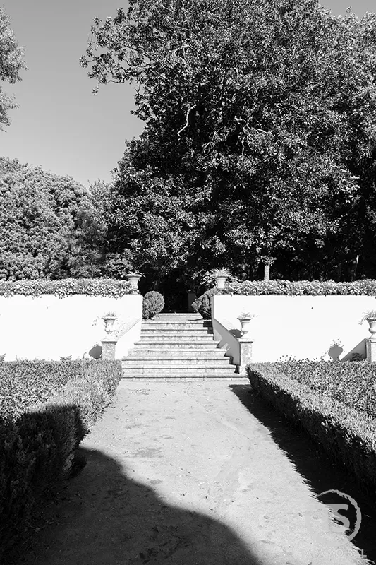 Escadaria barroca rodeada de sebes no Jardim do Cerco Mafra