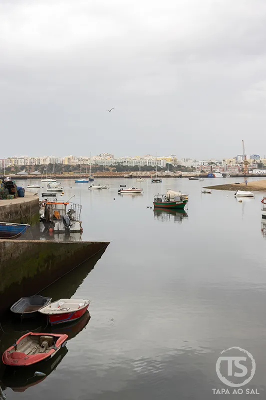 Barcos ancorados no rio Arade com vista para Portimão desde Ferragudo