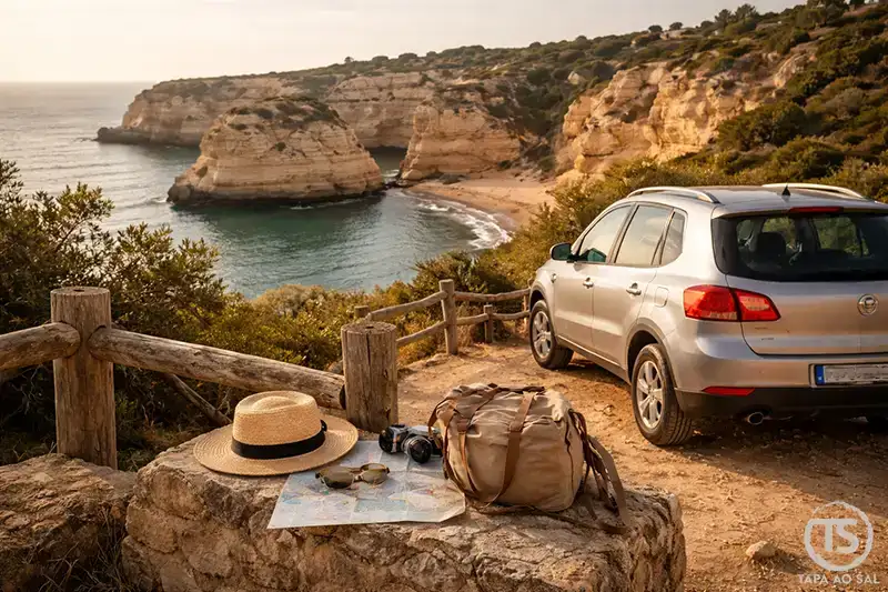 Carro estacionado num miradouro sobre as arribas do Algarve, símbolo de alugar carro em Portugal para explorar a costa