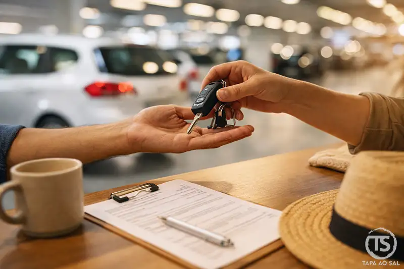 Entrega de chaves num balcão de rent-a-car, momento de alugar carro em Portugal antes de iniciar a viagem