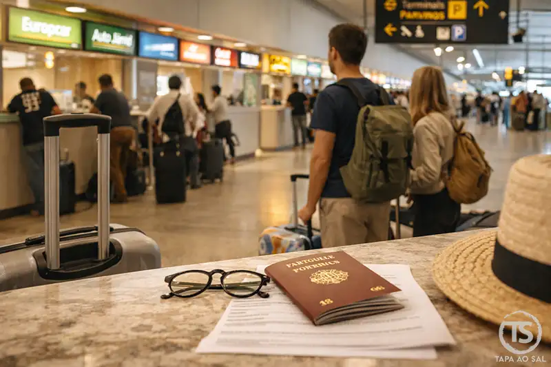 Passaporte português e bagagem num aeroporto antes de alugar carro em Portugal à chegada ao país