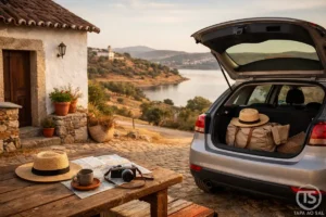 Carro estacionado num miradouro sobre praia e arribas do Algarve, símbolo de alugar carro em Portugal para explorar a costa