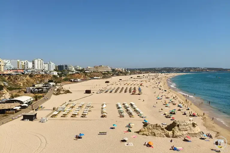 Praia da Rocha em Portimão vista panorâmica, areal extenso, mar azul e arribas urbanas, um dos principais locais a visitar em Portimão