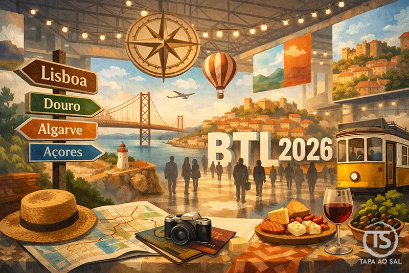 Ilustração promocional da BTL 2026 em Lisboa com elétrico amarelo, ponte 25 de Abril, destinos portugueses e ambiente de feira de turismo