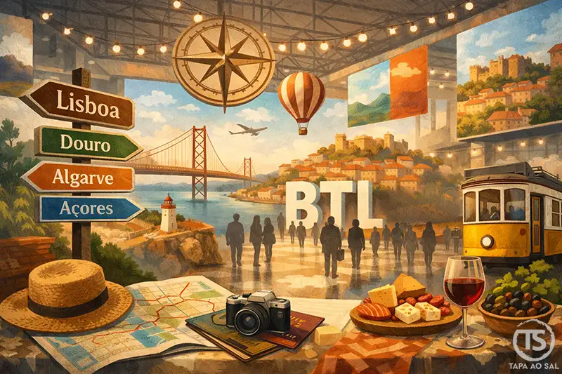 Ilustração da BTL Lisboa na FIL com destinos portugueses, elétrico, ponte 25 de Abril e elementos gastronómicos