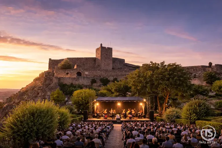 Ilustração do Festival Internacional de Música de Marvão no Castelo de Marvão ao entardecer com palco e público